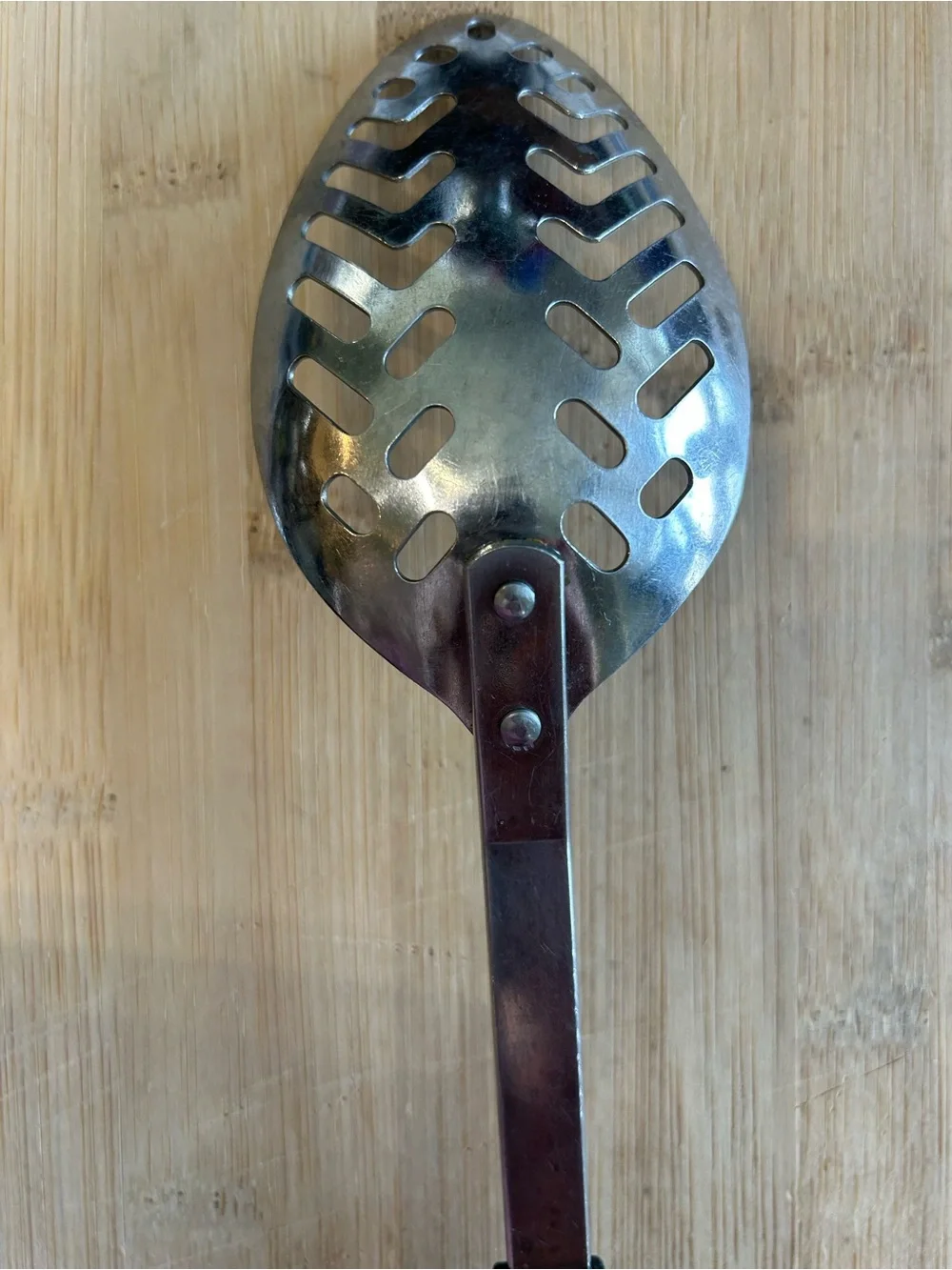 Vintage EKCO Forge Stainless Slotted Metal Spoon Strainer Utensil Black Handle.